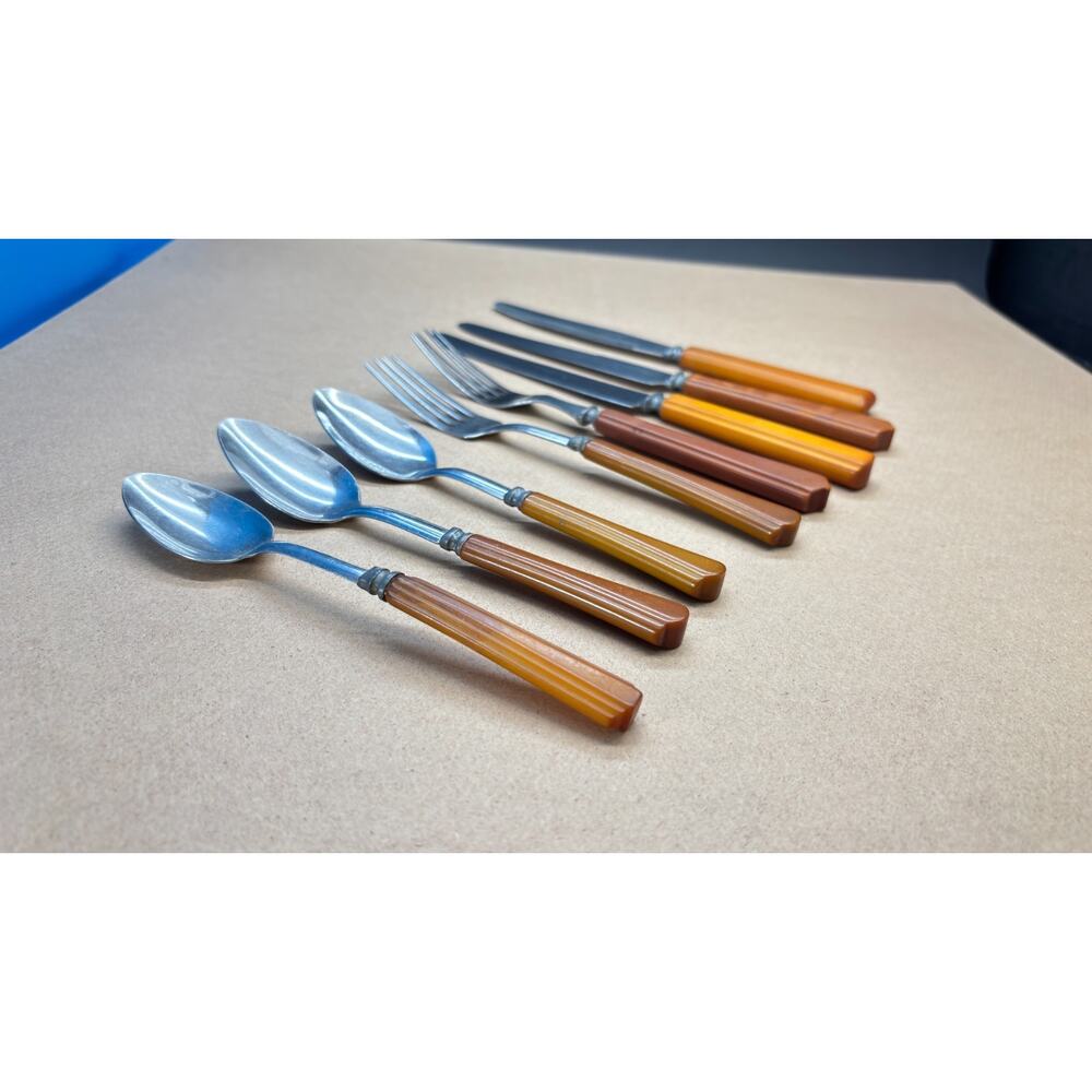 Art Deco Bakelite Flatware Set Butterscotch  Vintage Knives Forks Spoons 8pc